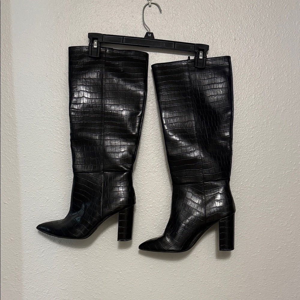 Black Croc-Embossed Knee-High Boots